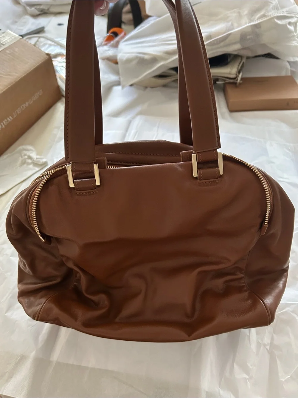 Jimmy Choo Brown Leather Satchel with Green Snakeskin Front Pocket